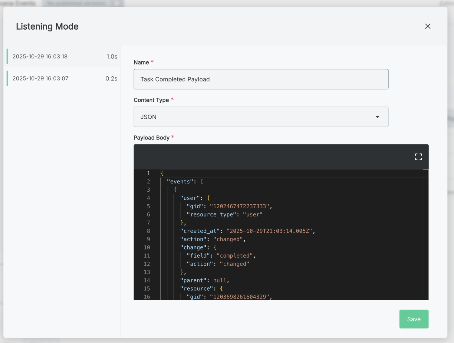 Captured webhook request